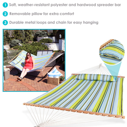 Sunnydaze 2 Person Quilted Fabric Hammock with Spreader Bars, Blue and Green