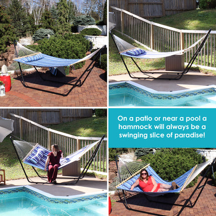 Sunnydaze Quilted Double Fabric 2-Person Hammock with Multi-Use Universal Steel Stand, Catalina Beach, 450 Pound Capacity