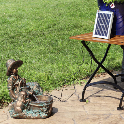 Sunnydaze Boy with Dog Solar with Backup Battery Water Fountain with LED Light, 15.5 Inch Tall, Includes Battery Pack