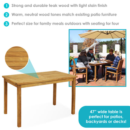 Sunnydaze  Solid Teak Outdoor Dining Table - Light Brown Wood Stain Finish - Rectangular - 47 Inches Long