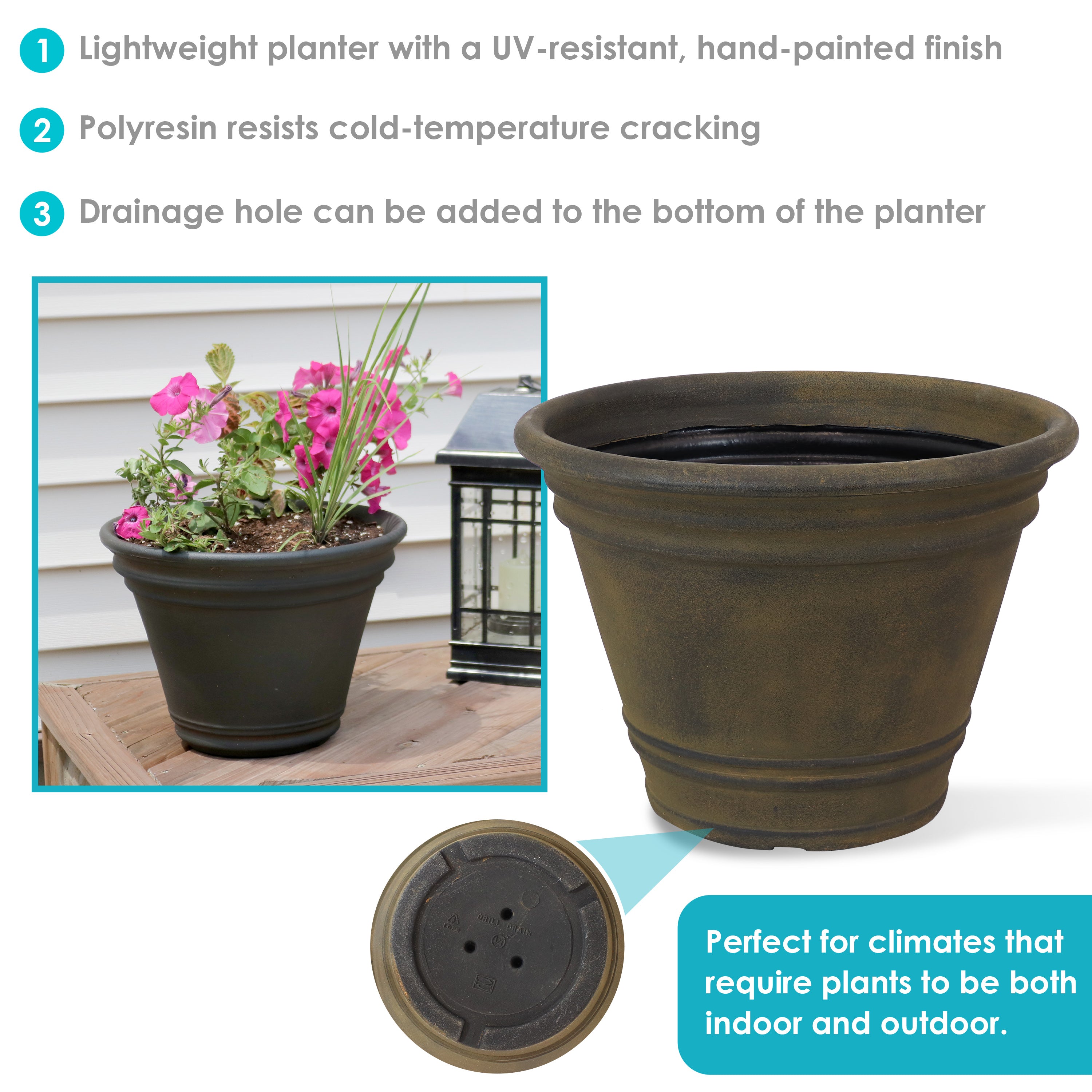 30 inch diameter planter pots Sunnydaze Franklin Indoor and Outdoor Resin Planter, Sable Finish, 20-Inch Diameter – Serenity Health & Home Decor