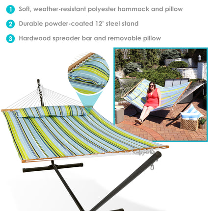 Sunnydaze 2 Person Freestanding Quilted Fabric Spreader Bar Hammock, Choose 12 or 15 Foot Stand, Blue and Green