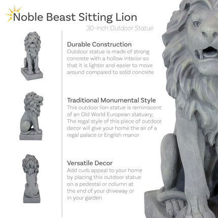 Sunnydaze Noble Beast Sitting Lion Outdoor Statue, 30-Inch