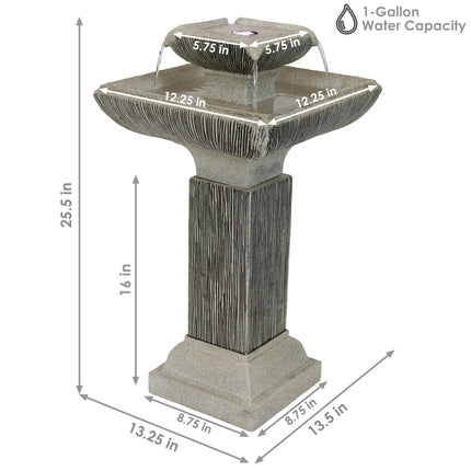 Sunnydaze Square 2-Tier Outdoor Bird Bath Water Fountain with LED Lights, 25-Inch
