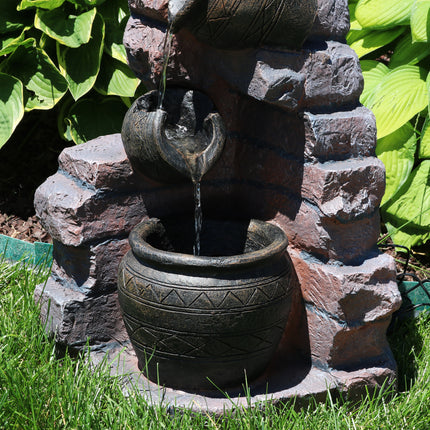 Sunnydaze Crumbling Bricks and Pots Solar with Battery Backup LED Outdoor Water Fountain, 27-Inch Tall