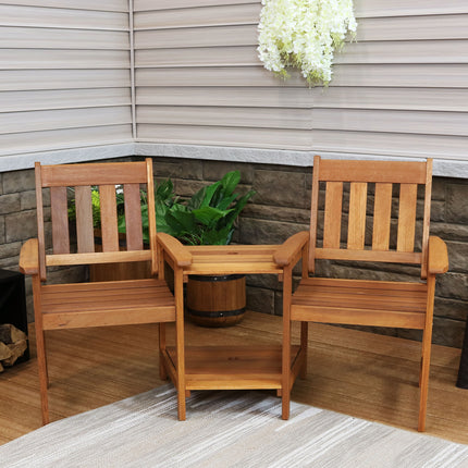 Sunnydaze Meranti Wood with Teak Oil Finish Outdoor Jack-and-Jill Chairs with Attached Table, 65-Inch