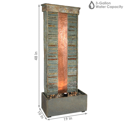 Sunnydaze Rippled Slate Indoor/Outdoor Water Fountain with Copper Accents and LED Spotlight, 48 Inch Tall