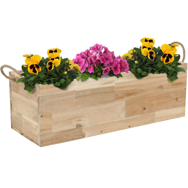 Sunnydaze Rectangle Acacia Wood Tray Planter with Handles and 3 Removable Plastic Liners