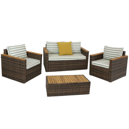 Sunnydaze Kenmare 4-Piece Rattan and Acacia Outdoor Patio Furniture Set with Green and White Striped Cushions