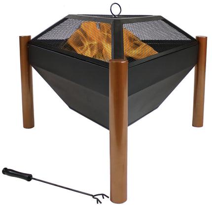 Sunnydaze Outdoor Wood Burning Steel Triangle Fire Pit and Side Table, 31-Inch