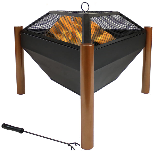 Sunnydaze Outdoor Wood Burning Steel Triangle Fire Pit and Side Table, 31-Inch