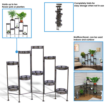 Sunnydaze 10-Tier Steel Indoor and Outdoor Folding Plant Stand with Bronze Finish, 46 Inch