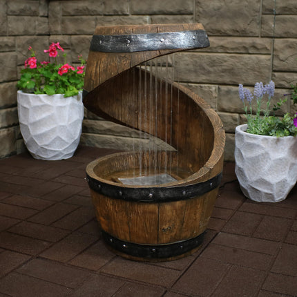 Sunnydaze Spiraling Barrel Outdoor Water Fountain with LED Lights, 25-Inch