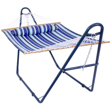 Sunnydaze Quilted Double Fabric 2-Person Hammock with Blue Multi-Use Universal Steel Stand, Catalina Beach, 450-Pound Capacity