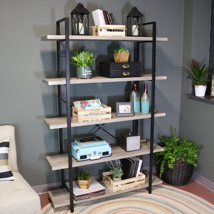 Sunnydaze 5-Tier Book Shelf - Industrial Style with Freestanding Open Shelves with Veneer Finish