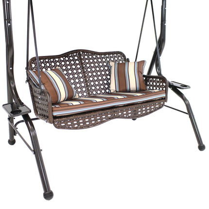 Sunnydaze 2-Person Outdoor Rattan Swing with Side Tables and Steel Frame,  Brown Stripe Cushions and Pillow