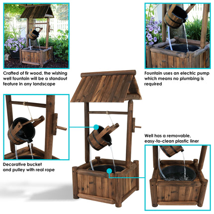 Sunnydaze Rustic Wood Wishing Well Outdoor Fountain with Liner, 46-Inch Tall