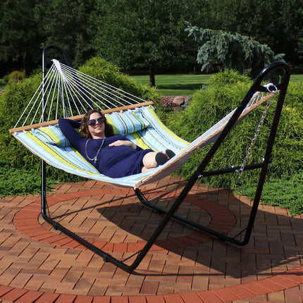 Sunnydaze Quilted Double Fabric 2-Person Hammock with Multi-Use Universal Steel Stand, Blue and Green, 450 Pound Capacity
