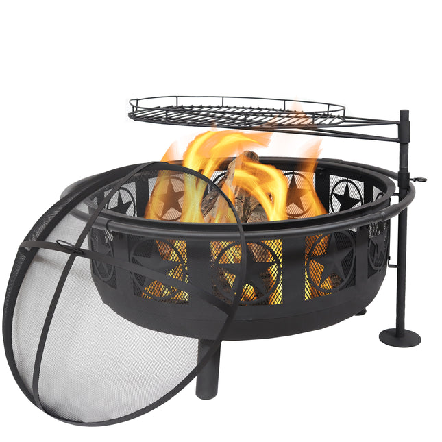 Sunnydaze 30 Inch Black All Star Fire Pit with Cooking Grate and Spark Screen