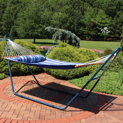multi personen hängematte Sunnydaze Quilted Double Fabric 2-Person Hammock with Blue Multi-Use Universal Steel Stand, Catalina Beach, 450-Pound Capacity – Serenity Health & Home Decor