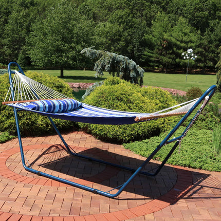 Sunnydaze Quilted Double Fabric 2-Person Hammock with Blue Multi-Use Universal Steel Stand, Catalina Beach, 450-Pound Capacity