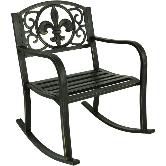 Sunnydaze Patio Rocking Chair, Durable Cast Iron Construction with Fleur-de-Lis Design