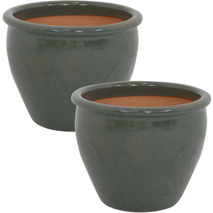Sunnydaze Chalet Ceramic Flower Pot Planter with Drainage Holes - Set of 2 - High-Fired Glazed UV and Frost-Resistant Finish - Outdoor/Indoor Use