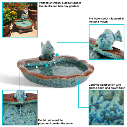 Sunnydaze Glazed Ceramic Fish Outdoor Water Fountain Garden Decor, 7-Inch