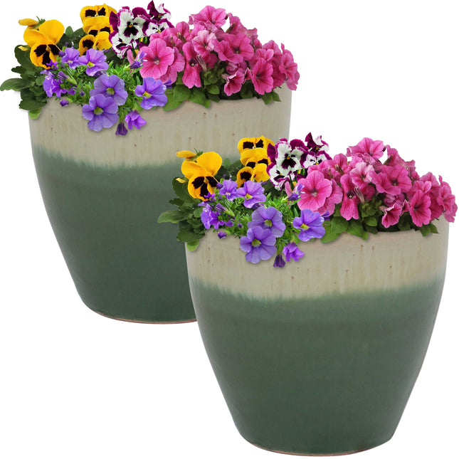 Sunnydaze Resort Set of 2 Ceramic Flower Pot Planter with Drainage Hole - High-Fired Glazed UV and Frost-Resistant Finish - Outdoor/Indoor Use