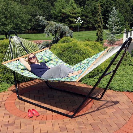 Sunnydaze 2-Person Quilted Printed Fabric Spreader Bar Hammock and Pillow - Tropical Prints