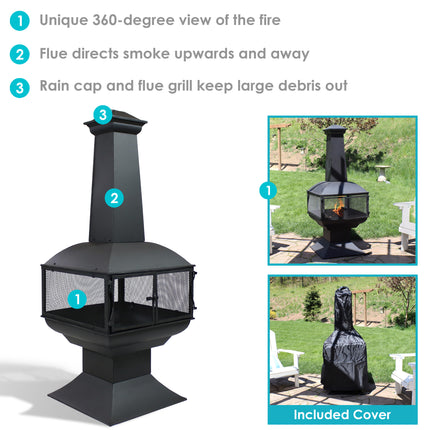 Sunnydaze Black Steel Wood Burning 360-Degree View Outdoor Chiminea Fire Pit with Poker, 57-Inch