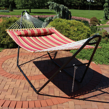 Sunnydaze Quilted Double Fabric 2-Person Hammock with Multi-Use Universal Steel Stand, Red Stripe, 450 Pound Capacity