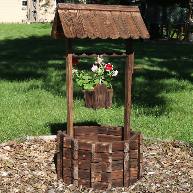 Sunnydaze Wood Wishing Well Outdoor Garden Planter, 45-Inch Tall