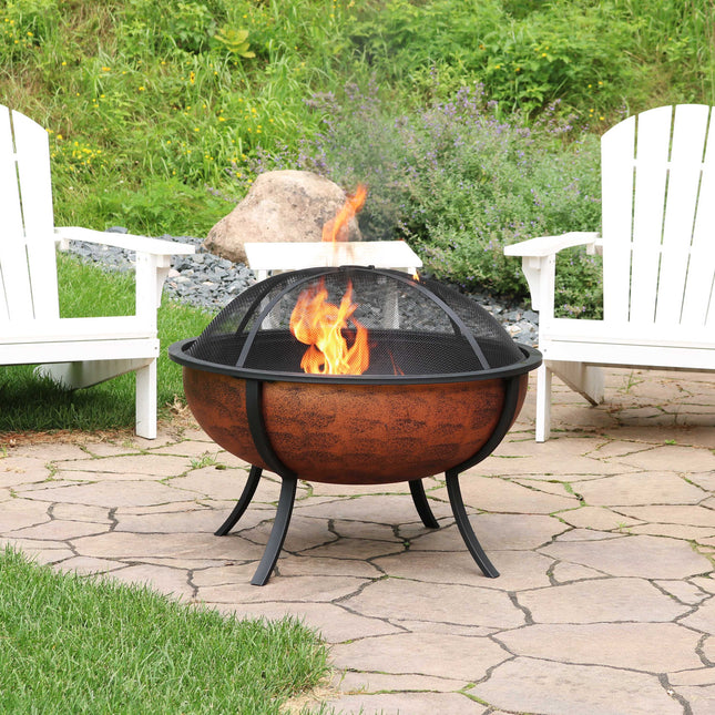Sunnydaze Large Copper Finished Outdoor Fire Pit Bowl, Wood Burning Patio Firebowl with Spark Screen, 32-Inch