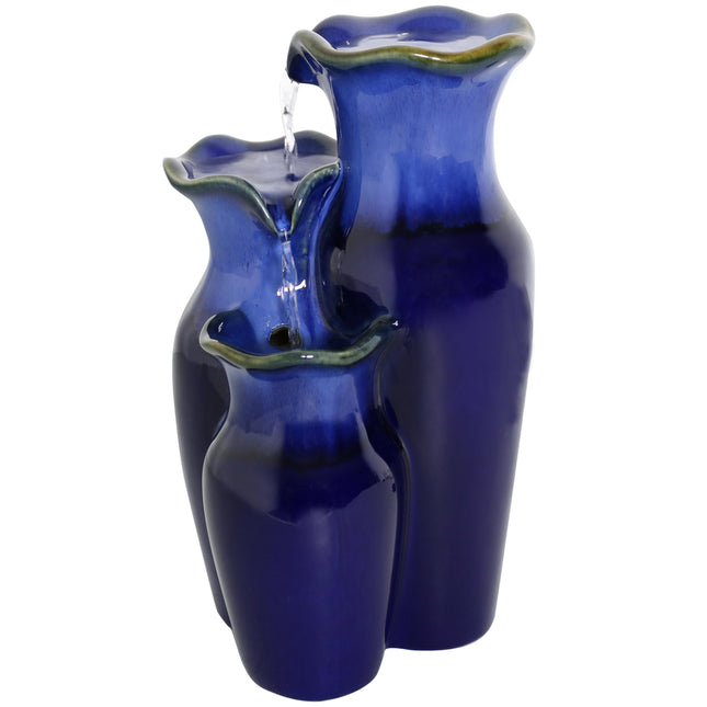 Sunnydaze Tiered Blue Ceramic Glazed Pitchers Indoor Tabletop Fountain, 11-Inch