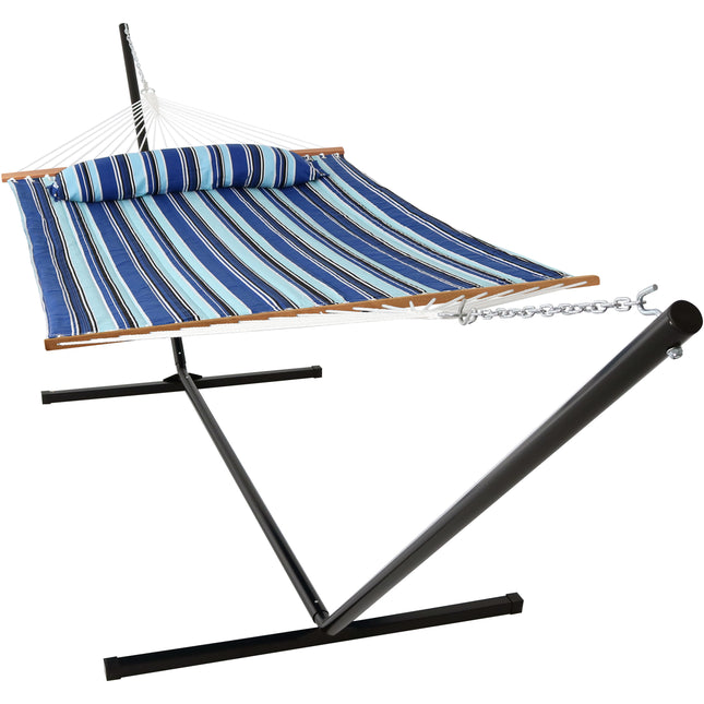 Sunnydaze 2 Person Freestanding Quilted Fabric Spreader Bar Hammock, Choose 12 or 15 Foot Stand, Catalina Beach