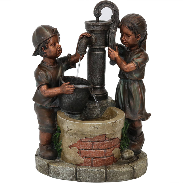 Sunnydaze Jack and Jill at Farmhouse Pump and Well Outdoor Water Fountain, 24-Inch