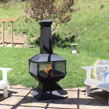 Sunnydaze Black Steel Wood Burning 360-Degree View Outdoor Chiminea Fire Pit with Poker, 57-Inch