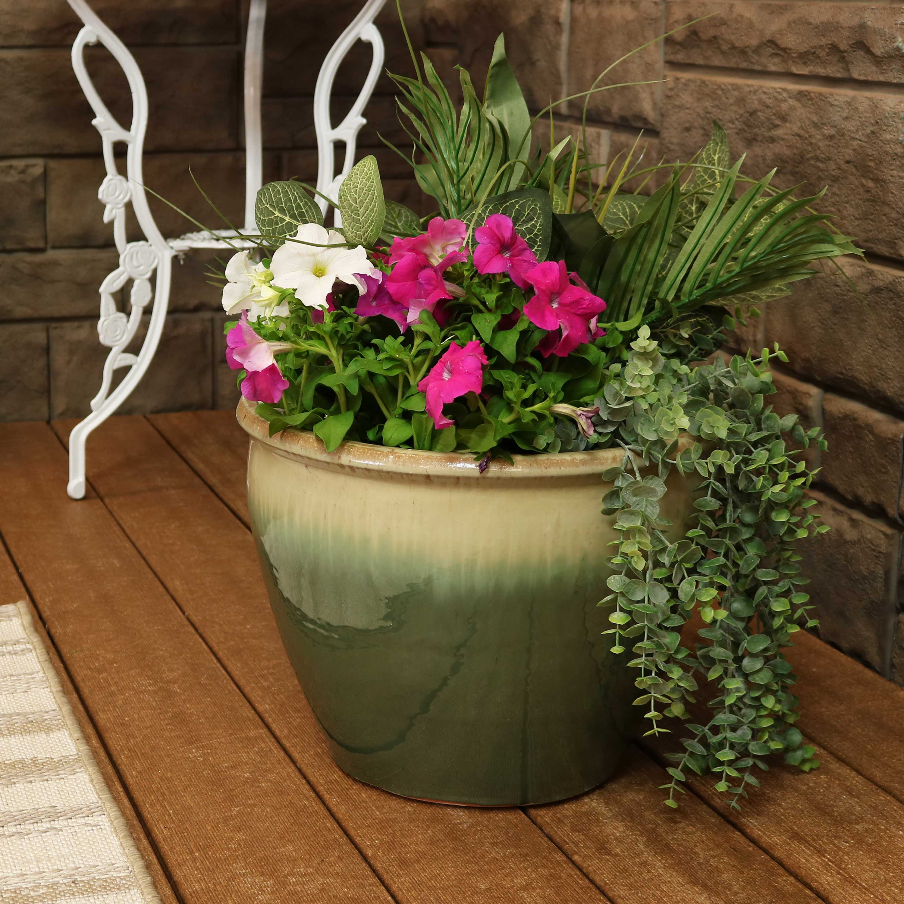 15 inch planter indoor Sunnydaze Chalet Ceramic Flower Pot Planter with Drainage Holes - High-Fired Glazed UV and Frost-Resistant Finish