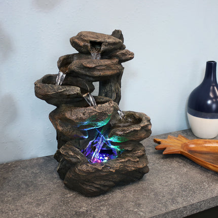 Sunnydaze Staggered Rock Falls Tabletop Fountain with LED Lights, 11 Inch Wide x 13.5 Inch Tall