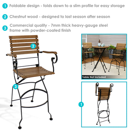 Sunnydaze Deluxe European Chestnut Wooden Folding Bistro Bar Chair with Arms - Portable Bar Stool Armchair