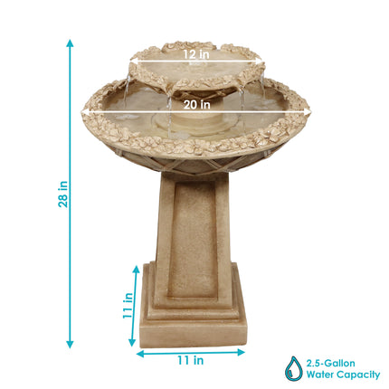 Sunnydaze Beveled Flower 2-Tier Birdbath Water Fountain, 28 Inch Tall