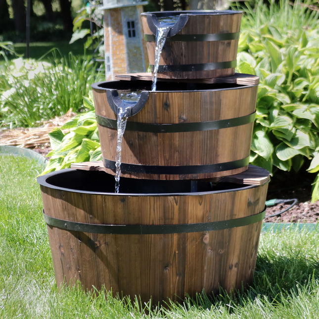 Sunnydaze Rustic 3-Tier Wood Barrel Water Fountain, 30-Inch Tall