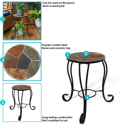 Sunnydaze Plant Stand - Indoor or Outdoor Plant Holder or Side Table - Slate Tile Top with Steel Frame - For Garden, Patio, or Inside the Home