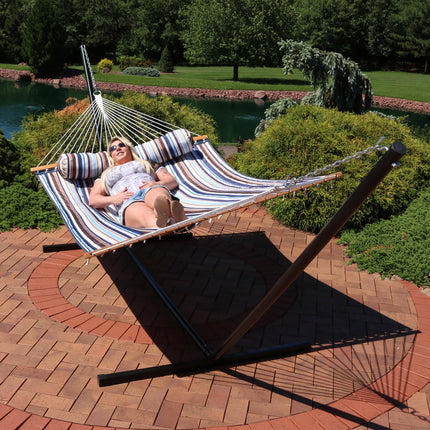 Sunnydaze 2 Person Freestanding Quilted Fabric Spreader Bar Hammock, Choose from 12 or 15 Foot Stand, Ocean Isle