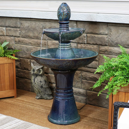 Sunnydaze Double Tier Outdoor Ceramic Water Fountain with LED Lights, 38-Inch
