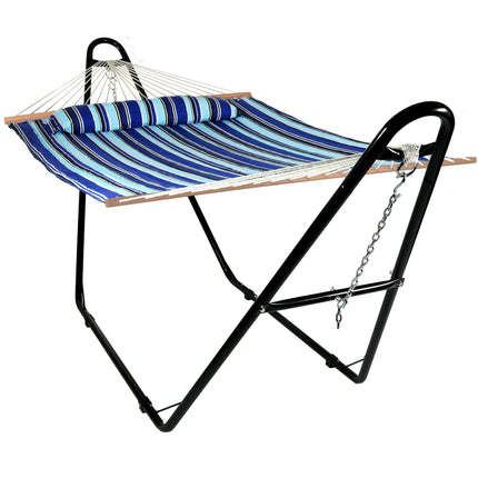 Sunnydaze Quilted Double Fabric 2-Person Hammock with Multi-Use Universal Steel Stand, Catalina Beach, 450 Pound Capacity