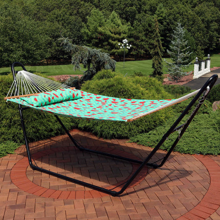 Sunnydaze 2-Person Quilted Printed Fabric Spreader Bar Hammock and Pillow - Watermelon and Chevron