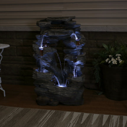 Sunnydaze Dual Cascading Rock Falls Outdoor Garden Water Fountain with LED Lights, 39-Inch