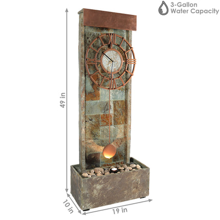 Sunnydaze Slate Indoor/Outdoor Water Fountain with Clock and LED Light, 49 Inch Tall